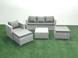 Rackhams Garden Outdoor Furniture Set 6 Seater Rattan Sofa Set with 2 Big Footstools Armchair Light Grey Mixed - thumbnail 1