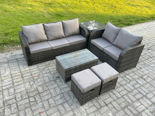 Rackhams 7-Seater Rattan Wicker Garden Sofa Set - Dark Grey Mixed Patio Conservatory Furniture with Rectangular Coffee Table & 2 Small Footstools - image 1