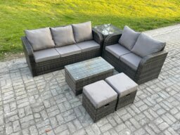 Rackhams 7-Seater Rattan Wicker Garden Sofa Set - Dark Grey Mixed Patio Conservatory Furniture with Rectangular Coffee Table & 2 Small Footstools - thumbnail 1