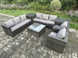 Rackhams 8 Seater Dark Grey Mixed Rattan Outdoor Sofa Set - 2 Armchairs, Square Coffee Table & 2 Side Tables - thumbnail 1