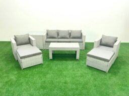 Rackhams Rattan Garden Furniture Set 7 Seater Outdoor Garden Sofa 2 Chairs Oblong Coffee Table Set with 2 Stools Side Table Light Grey Mixed - thumbnail 1