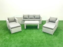 Rackhams Rattan Garden Furniture Set 7 Seater Outdoor Garden Sofa 2 Chairs Oblong Coffee Table Set with 2 Stools Side Table Light Grey Mixed - thumbnail 2