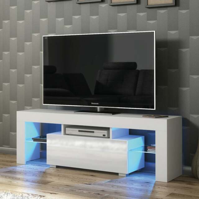 Rackhams 130cm TV Unit Cabinet with White High Gloss Doors, Free LED and Storage - 130 cm - MDF/Chipboard - White Matt Body & White Gloss Doors - image 1