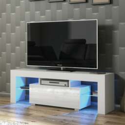 Rackhams 130cm TV Unit Cabinet with White High Gloss Doors, Free LED and Storage - 130 cm - MDF/Chipboard - White Matt Body & White Gloss Doors