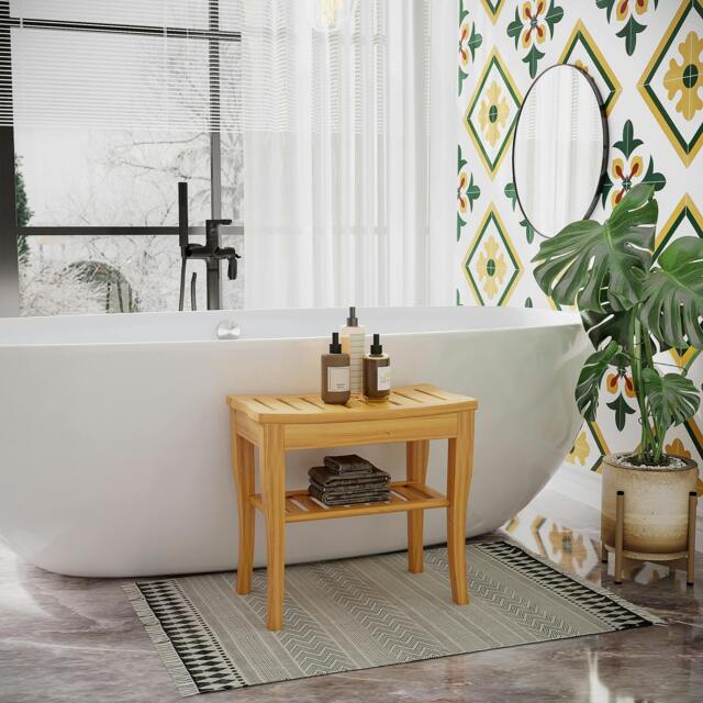 Rackhams 45 cm 2-Tier Slatted Shower Bench Storage Seat w/ 4 Legs Safe Bathroom - image 1