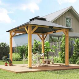 Rackhams 3x(3)M Double-Tier Hardtop Gazebo, Outdoor Patio Shelter, Brown - thumbnail 1