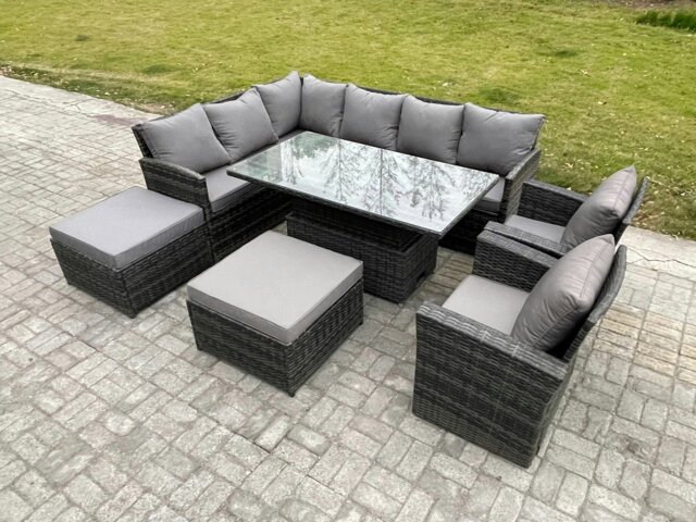 Rackhams Dark Grey Mixed PE Rattan Outdoor Dining Set - Height Adjustable Lifting Table, 2 Big Footstools & 2 Armchairs - image 1