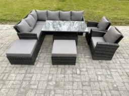 Rackhams Dark Grey Mixed PE Rattan Outdoor Dining Set - Height Adjustable Lifting Table, 2 Big Footstools & 2 Armchairs - thumbnail 2