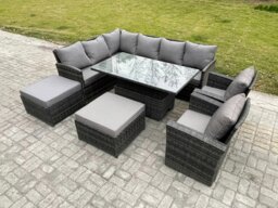 Rackhams Dark Grey Mixed PE Rattan Outdoor Dining Set - Height Adjustable Lifting Table, 2 Big Footstools & 2 Armchairs - thumbnail 1