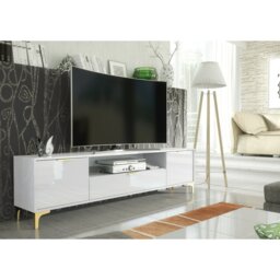 Rackhams Luxury 200cm White High Gloss TV Unit with Gold Finish Accents Sleek Stand Cabinet - 200 cm - 1 - MDF/Chipboard - thumbnail 2