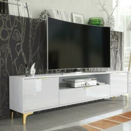 Rackhams Luxury 200cm White High Gloss TV Unit with Gold Finish Accents Sleek Stand Cabinet - 200 cm - 1 - MDF/Chipboard