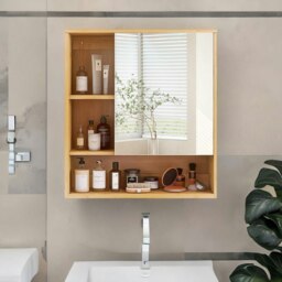 Rackhams Wooden Bathroom Wall Storage Cabinet Organiser With Mirror Natural Brown - Natural Brown - Bamboo - 1 - thumbnail 1
