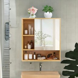 Rackhams Wooden Bathroom Wall Storage Cabinet Organiser With Mirror Natural Brown - Natural Brown - Bamboo - 1 - thumbnail 4