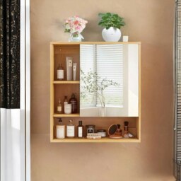 Rackhams Wooden Bathroom Wall Storage Cabinet Organiser With Mirror Natural Brown - Natural Brown - Bamboo - 1 - thumbnail 3