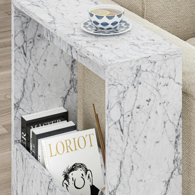 Rackhams Simpi Slim End Table with Magazine Rack (H) 60cm - White Marble Effect