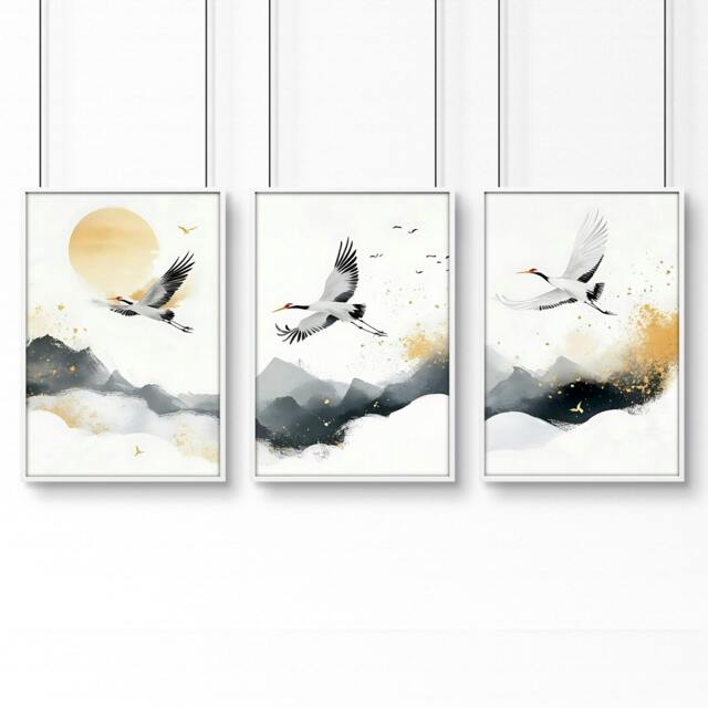 Rackhams Art For Huge Wall - Set of 3 Asian Inspired Wall art Prints - A2 16.54 x 23.39 in / 42 x 59.4 cm - Satin Photo paper 280 gsm - White Frame - image 1