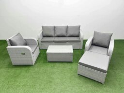 Rackhams PE Rattan Garden Furniture Set Reclining Chair Sofa Lounge Sofa Set Oblong Coffee Table Big Footstool Light Grey - thumbnail 1