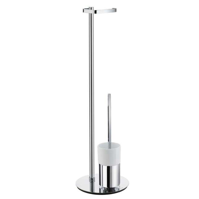 Rackhams Polished Chrome Freestanding Toilet Roll and Toilet Brush with Porcelain Holder - Round Base