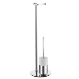 Rackhams Polished Chrome Freestanding Toilet Roll and Toilet Brush with Porcelain Holder - Round Base