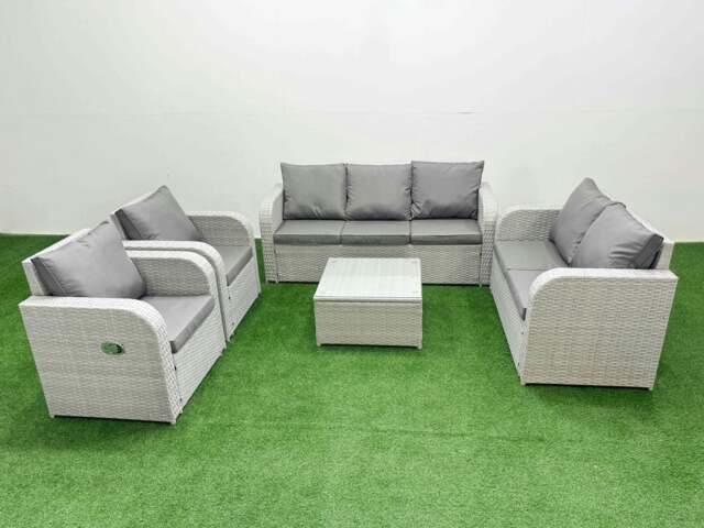 Rackhams PE Rattan Garden Furniture Set Adjustable Chair Sofa Double Love Seat 2 Seater Sofa Lounge Set Square Coffee Table Light Grey - image 1