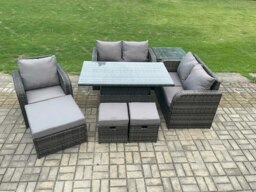 Rackhams 8 Seater Rattan Furniture Garden Dining Set Outdoor Height Adjustable Rising lifting Table Love Sofa Chair With Side Table 3 Footstools - thumbnail 2