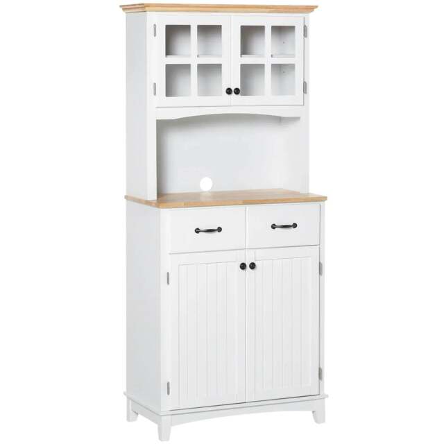 Rackhams Freestanding Kitchen Cupboard, Kitchen Storage Cabinet with Framed Glass Doors, 2 Drawers, Microwave Counter, 172cm, White - image 1