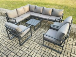Rackhams Aluminium Garden Furniture Set Outdoor Lounge Corner Sofa 3 Pcs Chair Square Coffee Table Sets Dark Grey 9 Seater - thumbnail 1