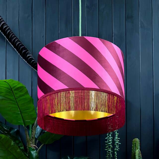 "Rackhams Raspberry Ripple Helter Skelter Velvet Lampshades With Gold Foil Lining and Fringing - Ceiling Pendant / Arc Lamp - 35cm diameter x 20cm height / 14"" x 8""" - image 1