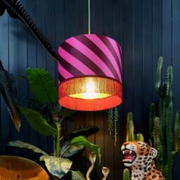 "Rackhams Raspberry Ripple Helter Skelter Velvet Lampshades With Gold Foil Lining and Fringing - Ceiling Pendant / Arc Lamp - 35cm diameter x 20cm height / 14"" x 8""" - thumbnail 3