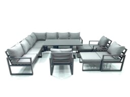 Rackhams 12 Seater Outdoor Aluminum Garden Furniture Set Corner Sofa 3 Chair 2 Big Footstools Adjustable Rising Lifting Dining Table Sets Dark Grey - thumbnail 2