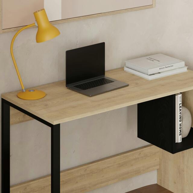 Rackhams Model-4 110(W)cm Computer Desk Oak, Black Wood Workstation PC Work Table Office Gaming Desk Shelf with Black Metal Leg - Oak-Black - image 1