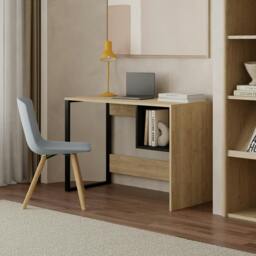 Rackhams Model-4 110(W)cm Computer Desk Oak, Black Wood Workstation PC Work Table Office Gaming Desk Shelf with Black Metal Leg - Oak-Black - thumbnail 2