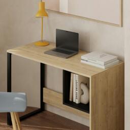 Rackhams Model-4 110(W)cm Computer Desk Oak, Black Wood Workstation PC Work Table Office Gaming Desk Shelf with Black Metal Leg - Oak-Black - thumbnail 4