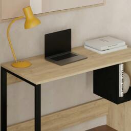 Rackhams Model-4 110(W)cm Computer Desk Oak, Black Wood Workstation PC Work Table Office Gaming Desk Shelf with Black Metal Leg - Oak-Black