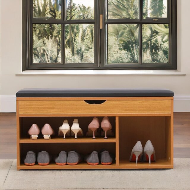 Rackhams Wooden Shoe Storage Bench With Cushioned Seat 90CM - image 1
