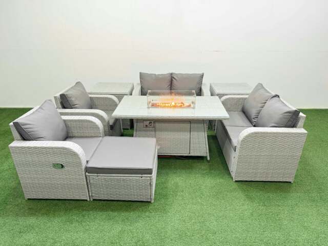 Rackhams 7 Seater Outdoor Reclining Chair Love Sofa Set Rattan Garden Furniture Set with Fire Pit Dining Table Footstool 2 Side Tables Light Grey - image 1