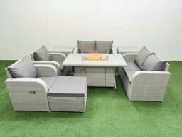 Rackhams 7 Seater Outdoor Reclining Chair Love Sofa Set Rattan Garden Furniture Set with Fire Pit Dining Table Footstool 2 Side Tables Light Grey - thumbnail 1