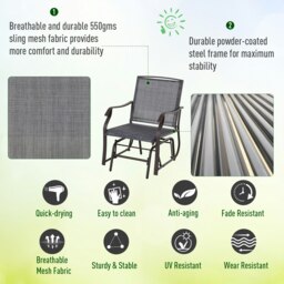 Rackhams 3 PCS Outdoor Sling Fabric Rocking Glider Chair w/ Table Set Grey - thumbnail 4