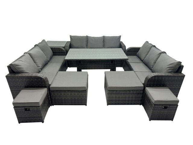 Rackhams 13 Seater Garden Outdoor Rattan Furniture Set Rattan Sofa Oblong Dining Table with Side Table 4 Footstools Dark Grey - image 1