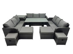 Rackhams 13 Seater Garden Outdoor Rattan Furniture Set Rattan Sofa Oblong Dining Table with Side Table 4 Footstools Dark Grey - thumbnail 1