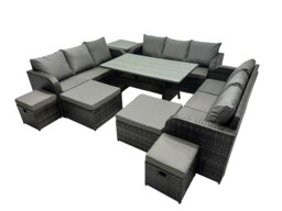 Rackhams 13 Seater Garden Outdoor Rattan Furniture Set Rattan Sofa Oblong Dining Table with Side Table 4 Footstools Dark Grey - thumbnail 2