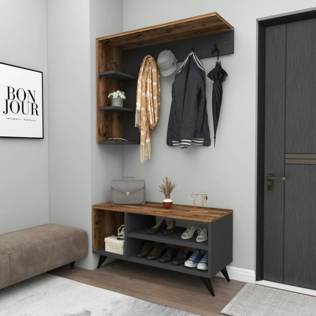 Rackhams Hallway Coat Rack with Shelves Cassia - Light Walnut & Anthracite - image 1
