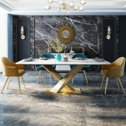 Rackhams LUCI Dining Table, Marble And Gold Metal - 4 (Blue with Black Leg) - thumbnail 4