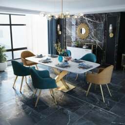 Rackhams LUCI Dining Table, Marble And Gold Metal - 4 (Blue with Black Leg) - thumbnail 1