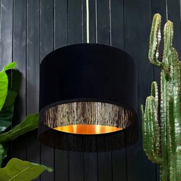 "Rackhams Black Velvet Lampshade With Copper Foil Lining and Fringing - Ceiling Pendant / Arc Lamp - 50cm Diameter x 30cm Height / (20"" x 12"")"
