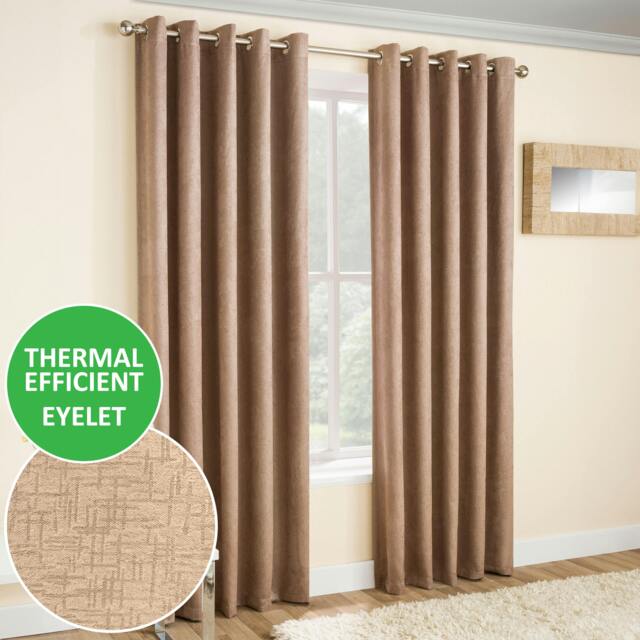 "Rackhams Latte Plain Textured Thermal Room Darkening Energy Saving Pair of Curtains For Bedroom & Living Room - 46"" (117cm) Width x 54"" (137cm) Drop" - image 1