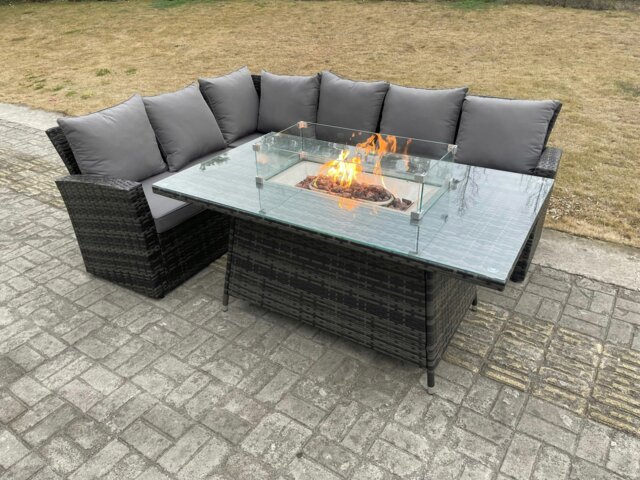 Rackhams Rattan Outdoor Corner Sofa with Gas Fire Pit 6 Seater Garden Furniture Set - High Back Sofa with Gas Heater - image 1