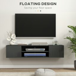 "Rackhams Floating TV Unit for 60"" TVs W/ Shelves and Cabinets, Grey - High Gloss White" - thumbnail 4