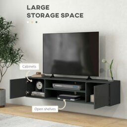 "Rackhams Floating TV Unit for 60"" TVs W/ Shelves and Cabinets, Grey - High Gloss White" - thumbnail 5