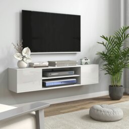 "Rackhams Floating TV Unit for 60"" TVs W/ Shelves and Cabinets, Grey - High Gloss White" - thumbnail 1
